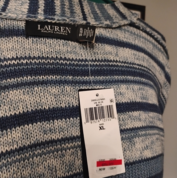 Lauren Ralph Lauren Striped Belted Linen-Cotton Knit Cardigan Blue White XL NWT - Picture 7 of 12